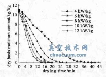 不同微波强度下南瓜片的微波真空干燥曲线